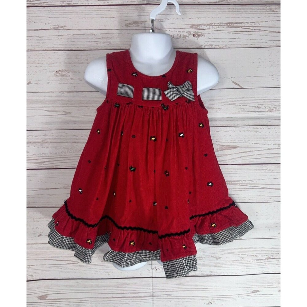 Girls Toddler Dress Samara Red Corduroy Embroidered Puppies Sleeveless Size 24 M